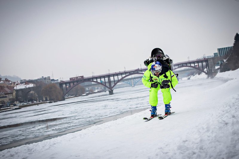 Ski cross world champion Filip Flisar of Slovenia performs during the Red Bull Jet Pack 2.0 project in Maribor, Slovenia on January 26, 2017