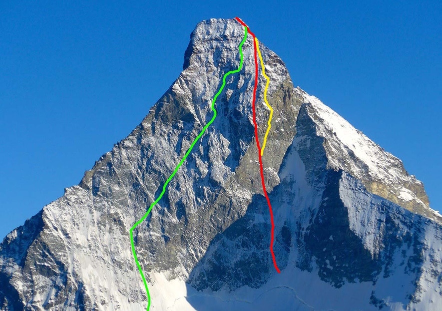Fonte: Alexander Huber
Il tracciato in rosso mostra la nuova via Schweiernase, in giallo la Gogna-Cerruti e la Schmid in verde.