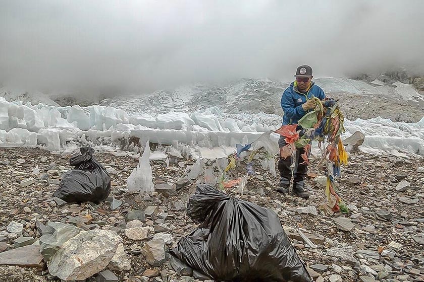 Trash being collected by Alpine Ascent International climber from lower icefall section on Mt Everest. Photo: Ben Jones