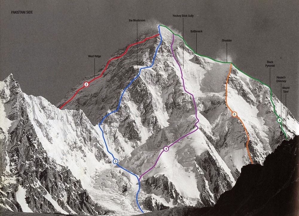 Vie sul versante sud del K2. Rossa: via giapponese, 1981. Blu: magic line, polacchi 1986. Viola: via Kukuczka-Piotrowki, 1986. Arancione: via Cesen, 1986. Verde: via italiana, 1954. Foto @ Altitudepakistan