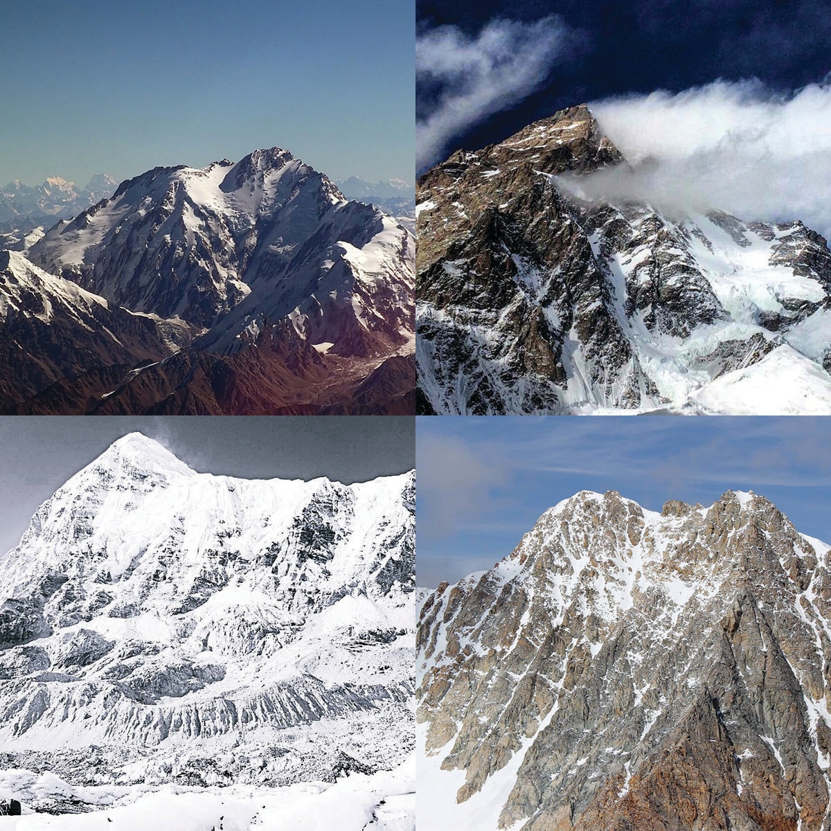 In senso orario dall'alto a sx: Nanga Parbat (@ wikipedia); K2 (@ Januz Golab); Pik Pobeda (@Simone Moro Facebook Page); Pumuori (@ Alex Txikon)