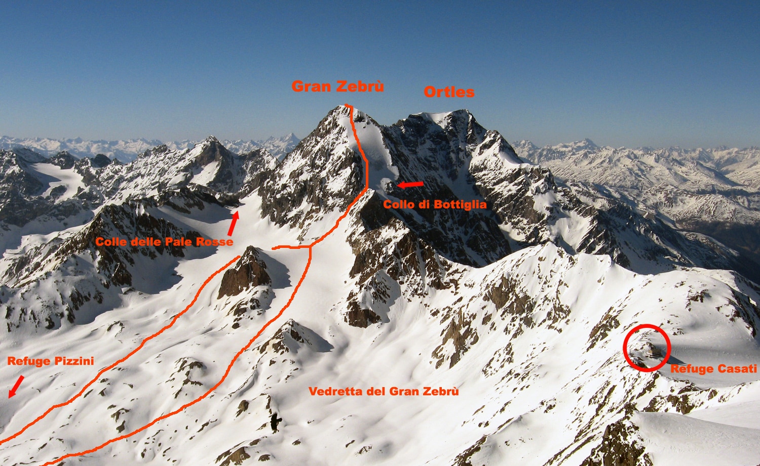 Gran Zebrù con segnato il collo di bottiglia dove è avvenuta la valanga. Foto @ Summit Post