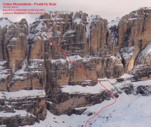 La linea di discesa tracciata da Luca Dallavalle e Roberto Dallavalle sulla Sud di Cima Mandron