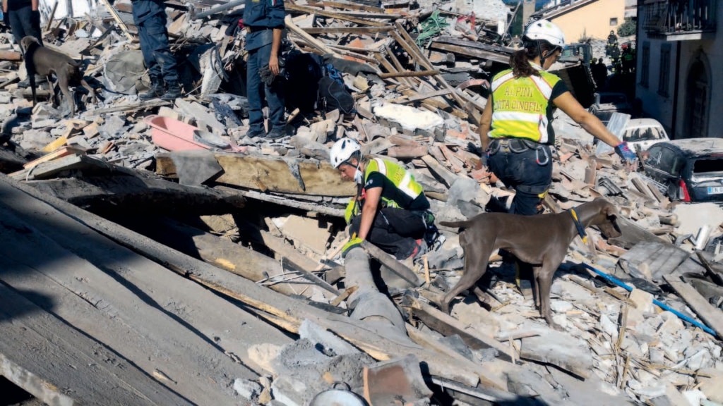 Le unità cinofile dell’Ana (nella foto, tra le macerie del terremoto dell’Aquila, nel 2009) sono nate alla metà degli anni Ottanta. A quei primi piccoli nuclei locali si sono poi aggiunte numerose sezioni tra Liguria, Piemonte, Lombardia, Veneto, Friuli, Toscana e Abruzzo. Foto @ Stefano Ardito