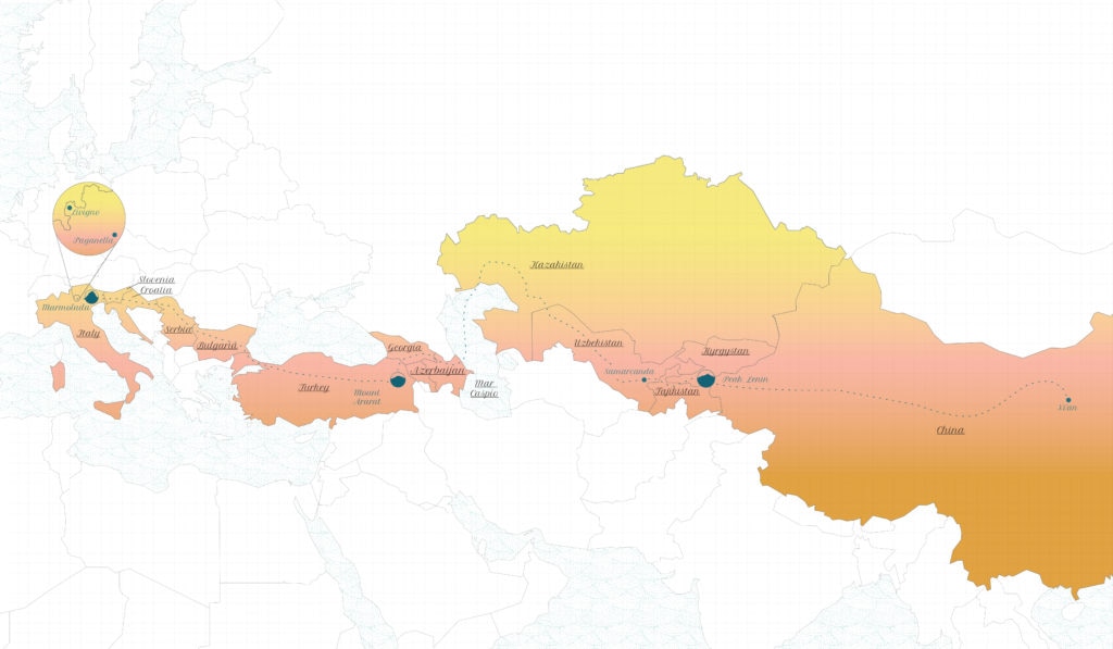 La mappa di "Soul Silk", un lungo viaggio a pedali dall'Italia alla Cina