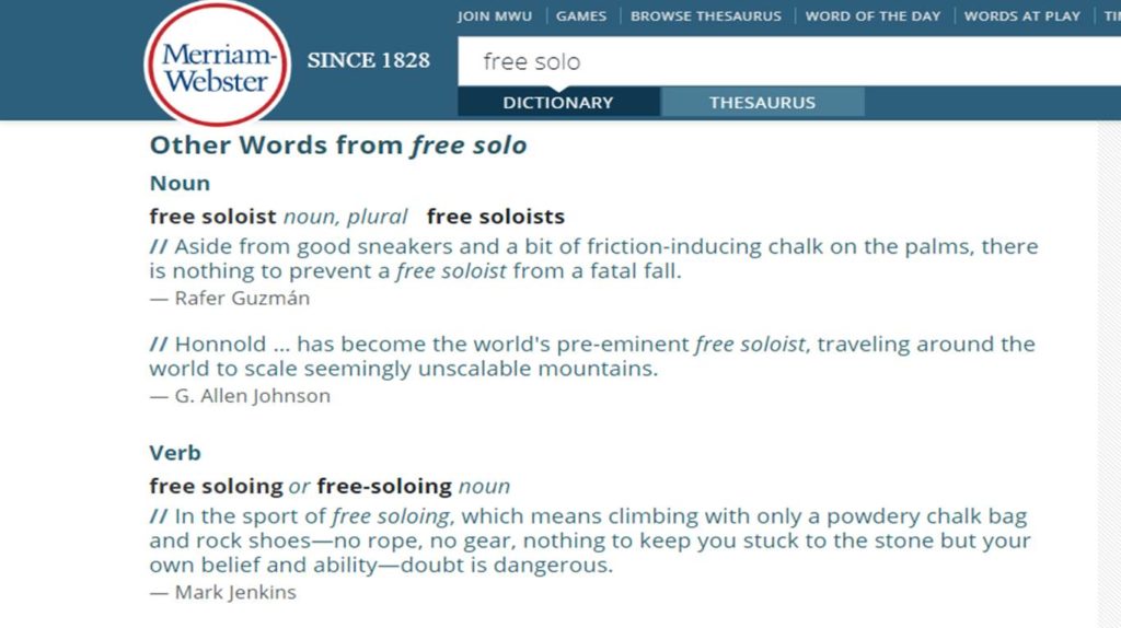 Termini derivanti da "free solo" nel Merriam-Webster dictionary