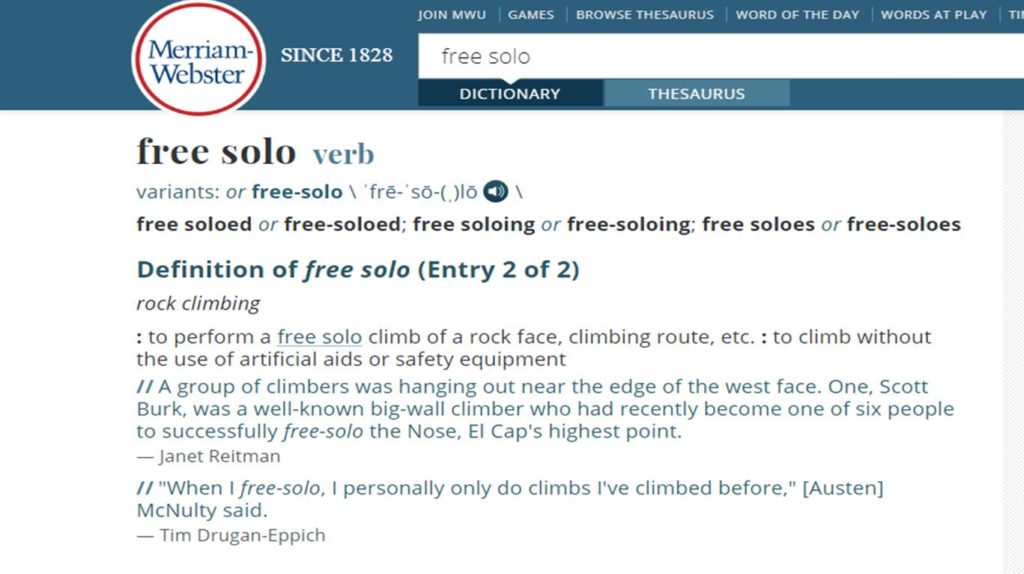 "Free solo" come verbo nel Merriam-Webster dictionary