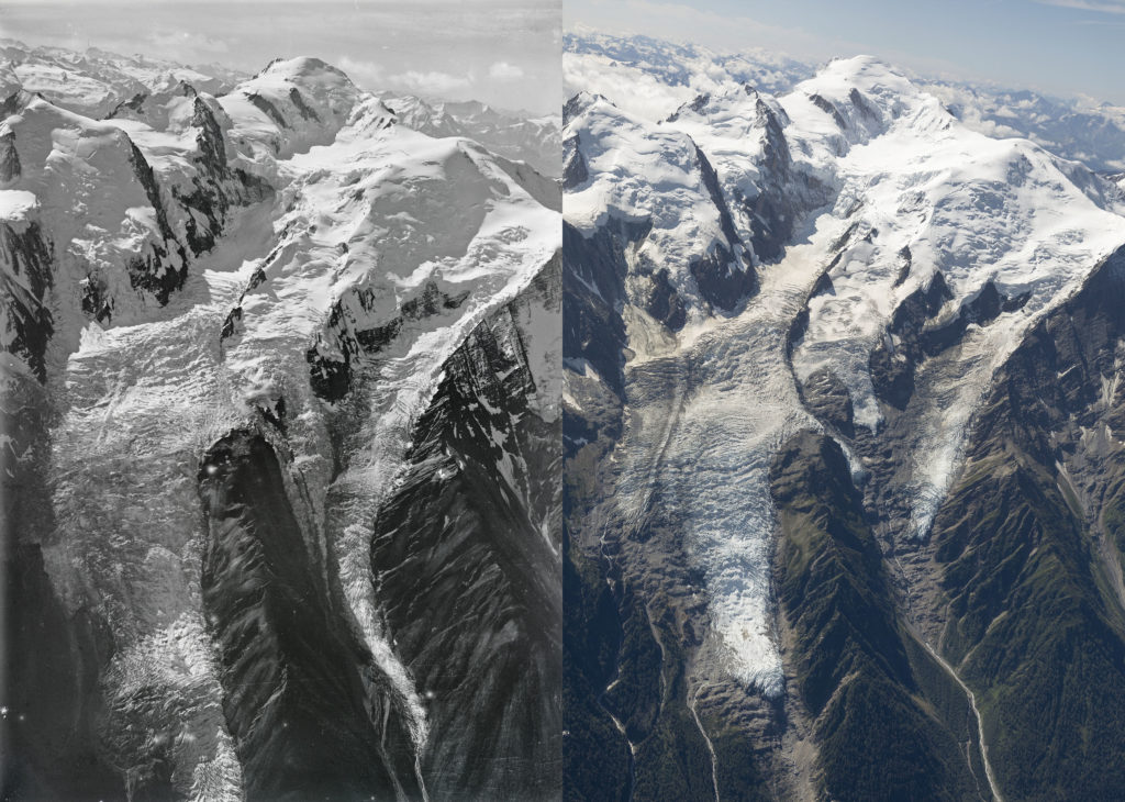Ghiacciaio dei Bosson, 1919 vs 2019 - Credits Walter Mittelholzer, ETH-Bibliothek Zürich / Dr Kieran Baxter, University of Dundee