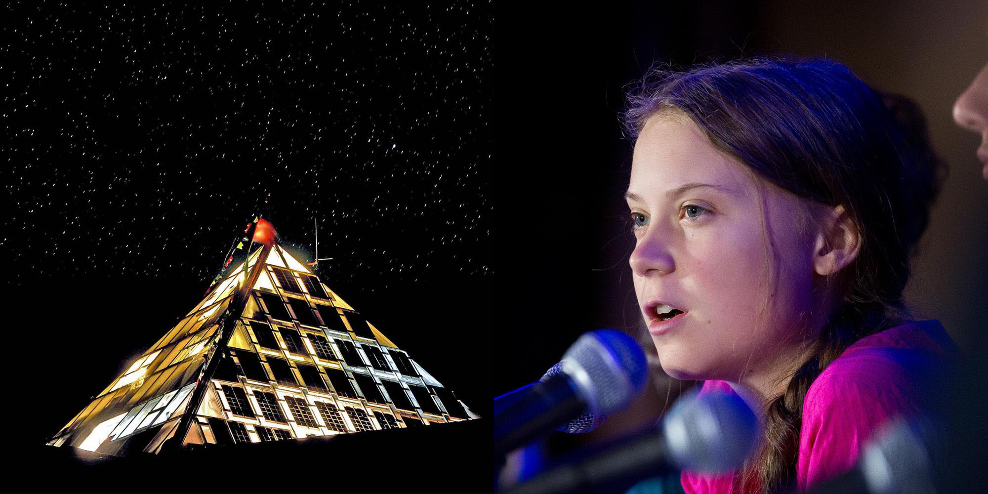A sinistra il Laboratorio Piramide dell'Everest, a destra Greta Thunberg alle Nazioni Unite