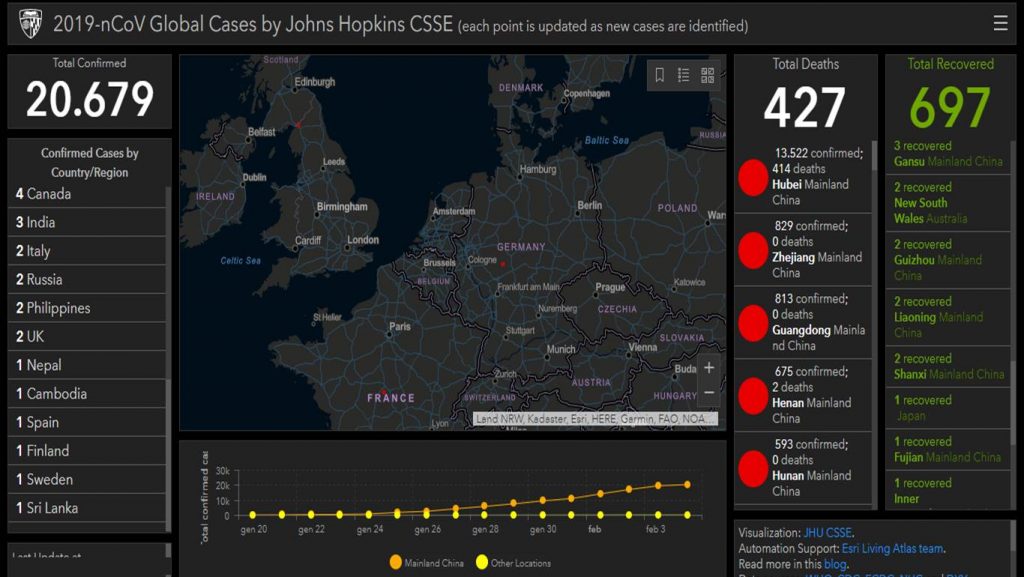 Mappa di distribuzione del contagio da coronavirus  2019 -nCoV aggiornata al 4.2.2020