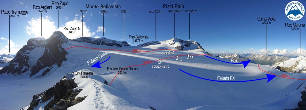 L’Altipiano di Fellaria visto dalla time-lapse camera Tikee Enlaps. Vengono qui indicati in azzurro le direzioni di flusso che prende il ghiaccio che si origina da questo vasto plateau. In rosso le isoipse mentre i triangoli bianchi indicano i punti di posizionamento delle paline e dell’ablatometro - Foto FB SGL - Servizio Glaciologico Lombardo