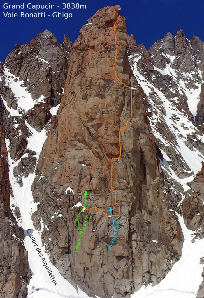 La via in arancione sul Grand Capucin. Foto @ Wikimedia Commons