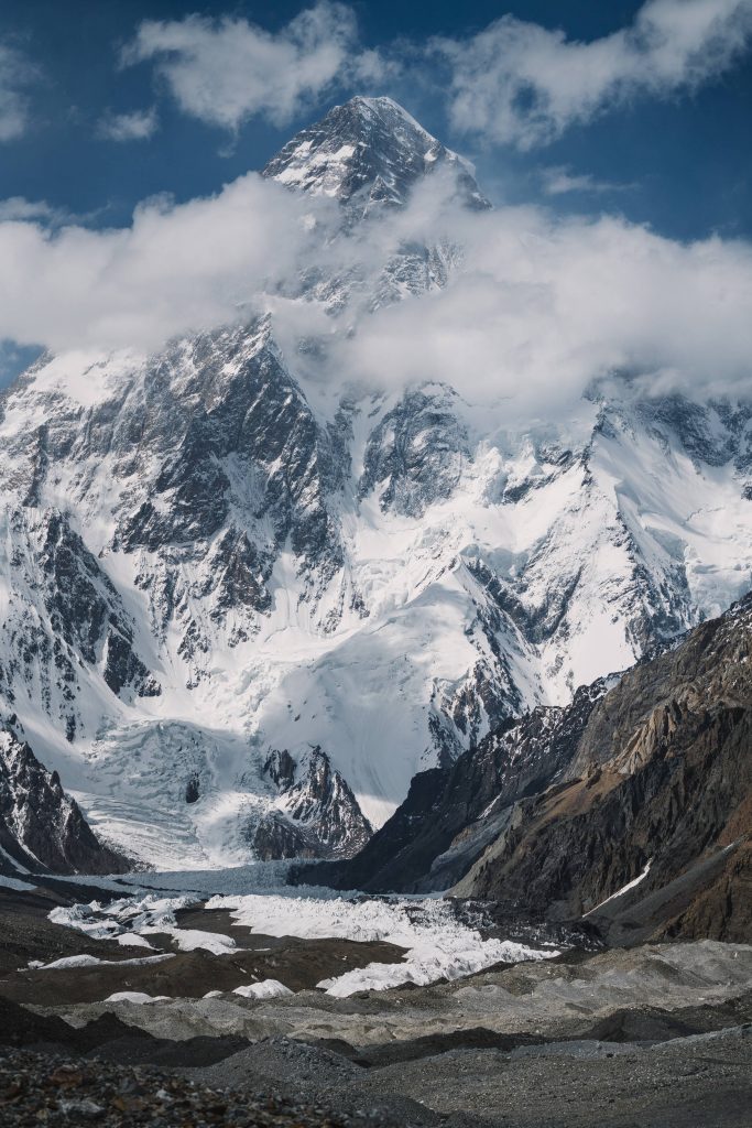 K2 is seen from the base of the mountain on July 7, 2018, as Polish ski mountaineer Andrzej Bargiel awaits a weather window to ascend to the summit. Bargiel went on to make history on July 22; 2018 as the first man to ski down from the summit of K2 in Pakistan, the second highest peak in the world at 28,251ft above sea level. // Marek Ogie? / Red Bull Content Pool // AP-1WJX7TPF12111 // Usage for editorial use only //