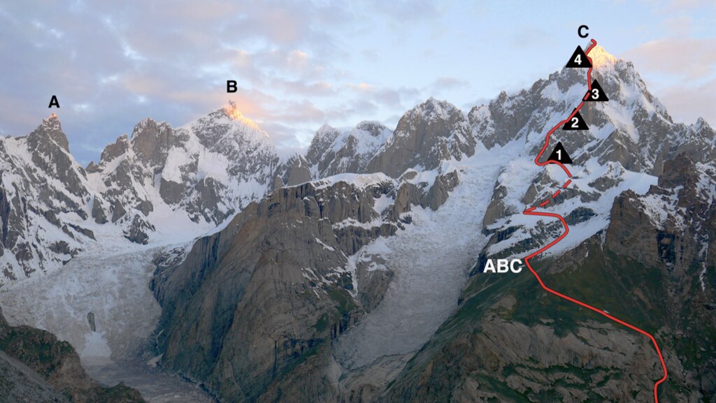 Changi Tower (A), K6 Main (B) e Link Sar (C) con la via tracciata dal team 2019 - Foto: Matteo Della Bordella / American Alpine Journal