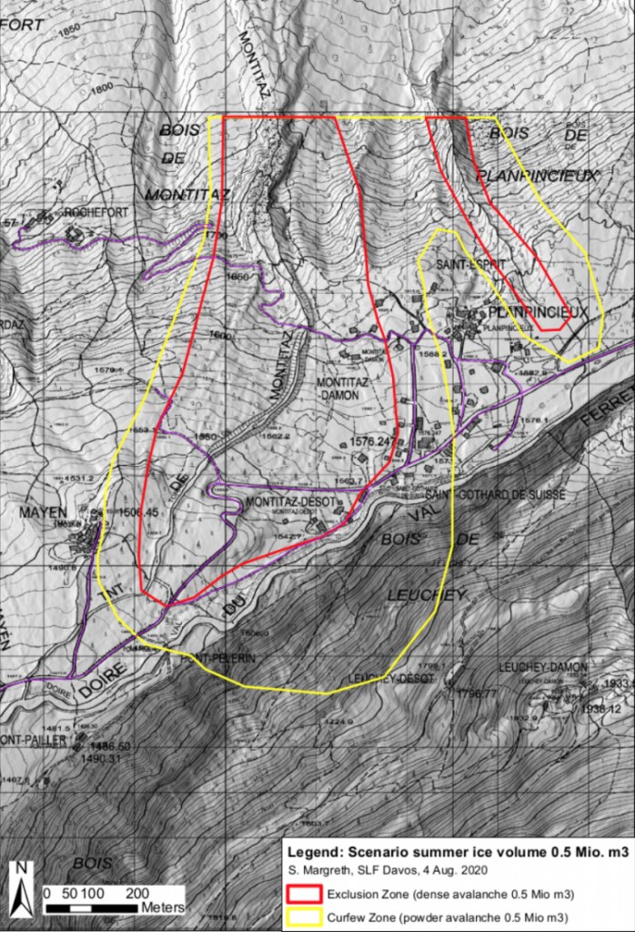 Nuova zonizzazione in Val Ferret - le zone a rischio sono state ritracciate in rosso e giallo