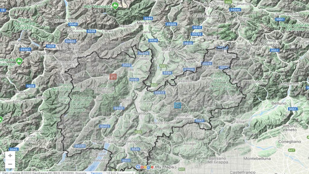 La mappa disponibile sul sito della PAT su cui sono visibili in diretta gli spostamenti di M49 (quadratino blu)