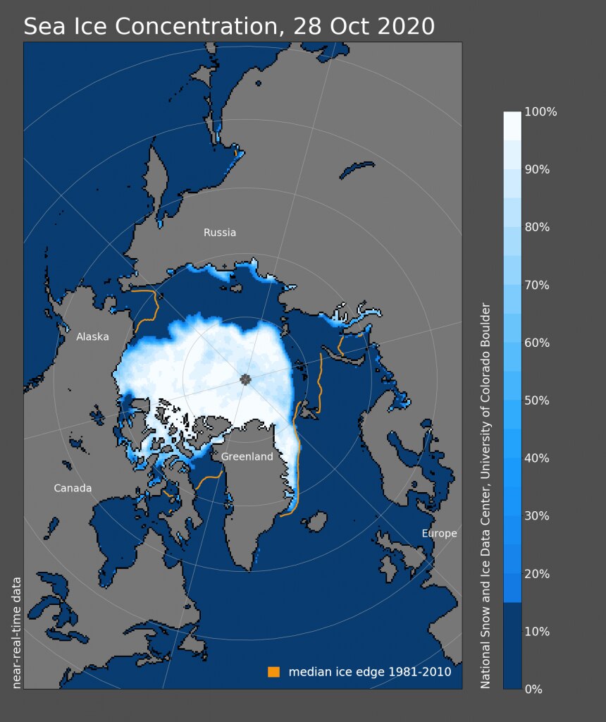 Concentrazione del ghiaccio al 28.10.2020 - Credit: National Snow and Ice Data Center