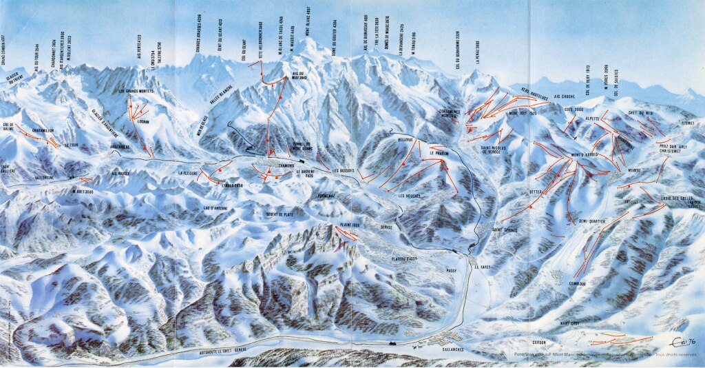 Horaire des cars du Pays du Mont-Blanc, Hiver 1976-1977, du 19 Décembre 1976 au 17 Avril 1977. Skipass Mont-Blanc.