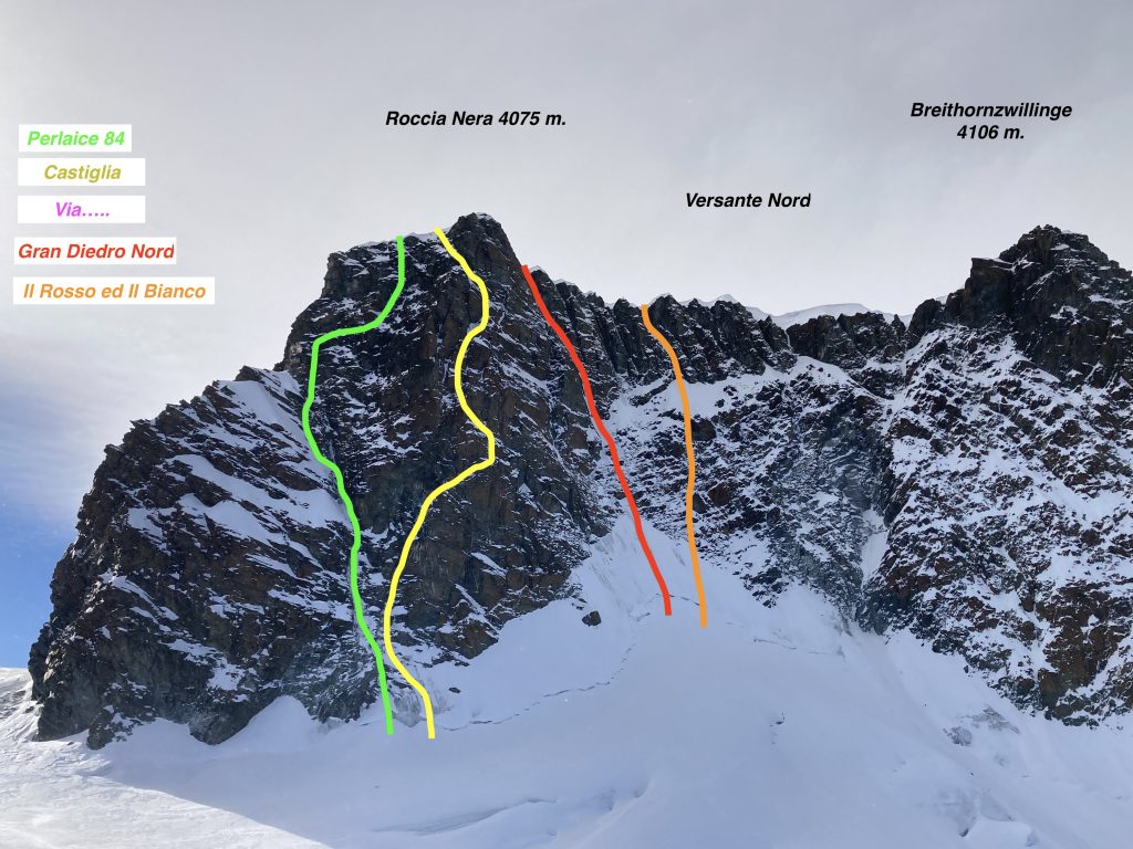 Le vie presenti sulla parete, in giallo la Via Castiglia. Foto archivio Cazzanelli/Ratti/Perruquet