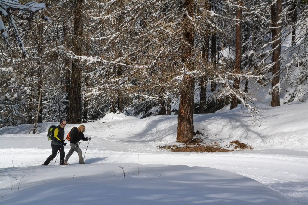 Con le racchette da neve sul percorso che va da Chamois a La Magdeleine. Foto Stefano Carletto