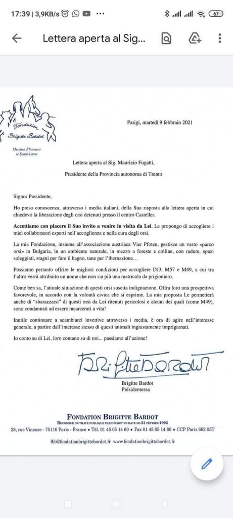 La lettera di Brigitte Bardot al Presidente Fugatti