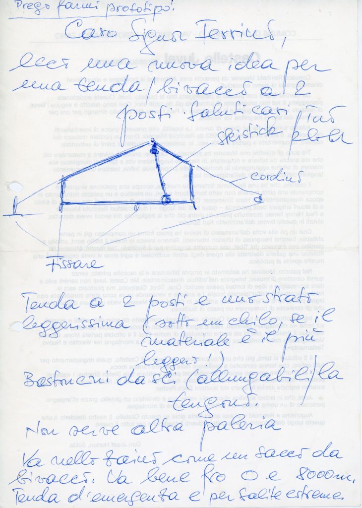 Il progetto della tenda per Messner. Foto Archivio storico digitale della Ferrino e C. SpA