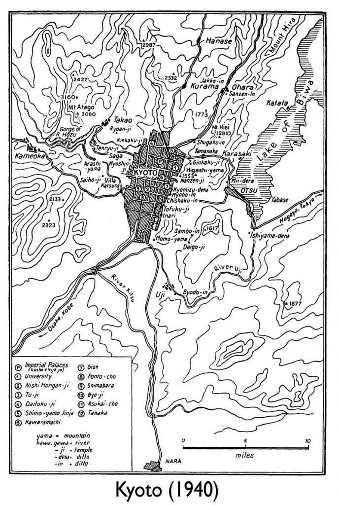 Kyoto in una mappa del 1940 disegnata da Maraini. Da Meeting with Japan di Fosco Maraini, p. 204