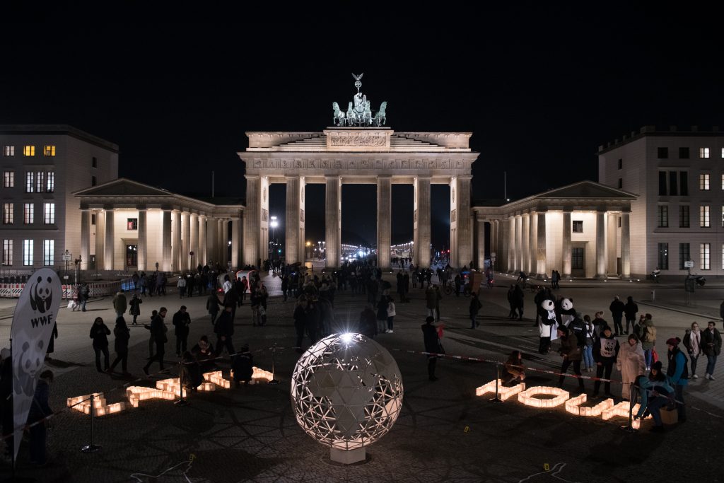 24 March 2018, Germany, Berlin: A light ball and the words