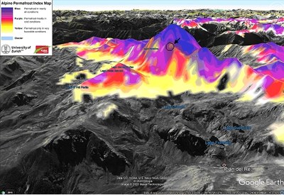 Visione tridimensionale virtuale della distribuzione potenziale del permafrost nell’area del Monviso - Arpa Piemonte