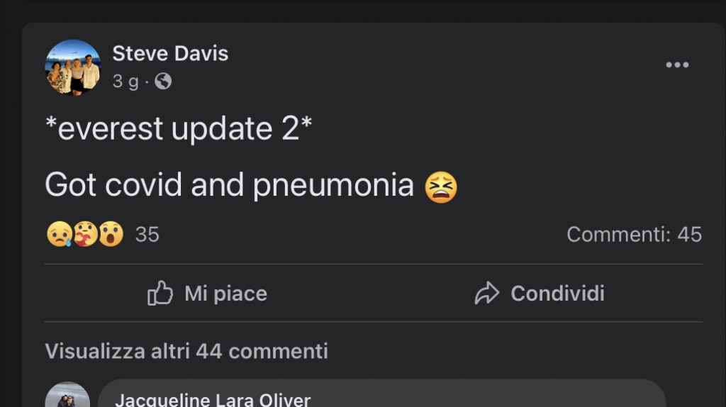 Post su Facebook di Steve Davis, team di Nirmal Puja, evacuato a Kathmandu con sintomi di edema polmonare.
