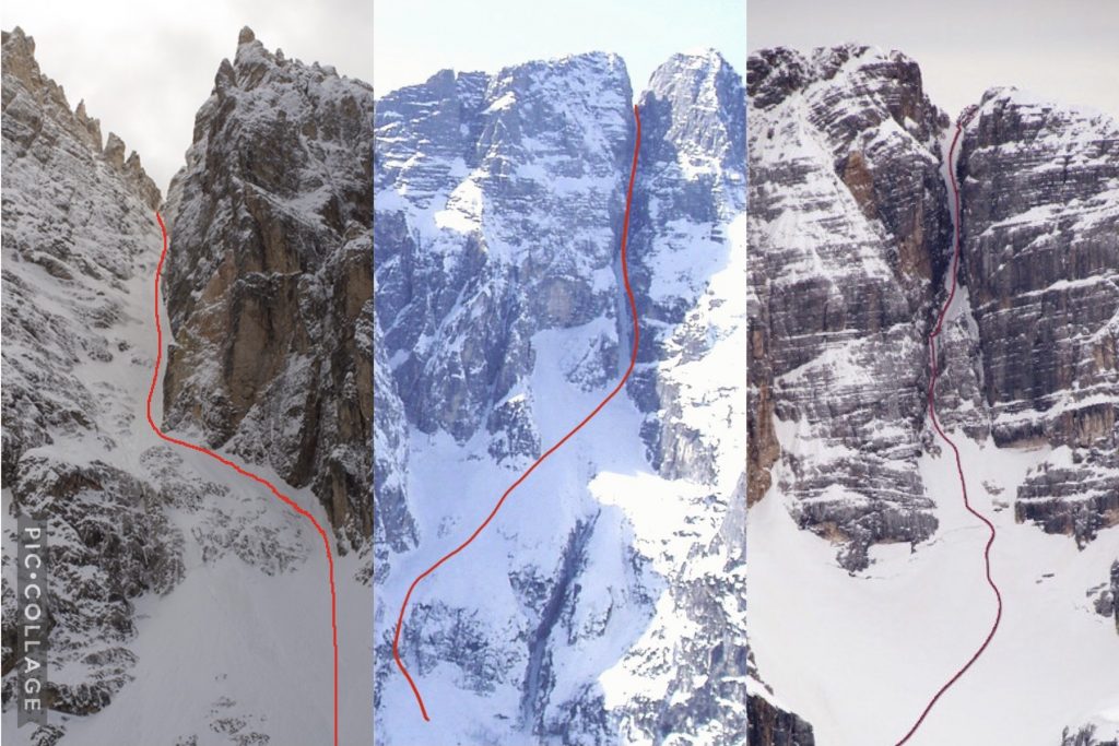 I tre Canali sciati da Mosetti. Da sinistra: Tre Scarperi, Berdo, Sorapiss. Foto arch. Mosetti