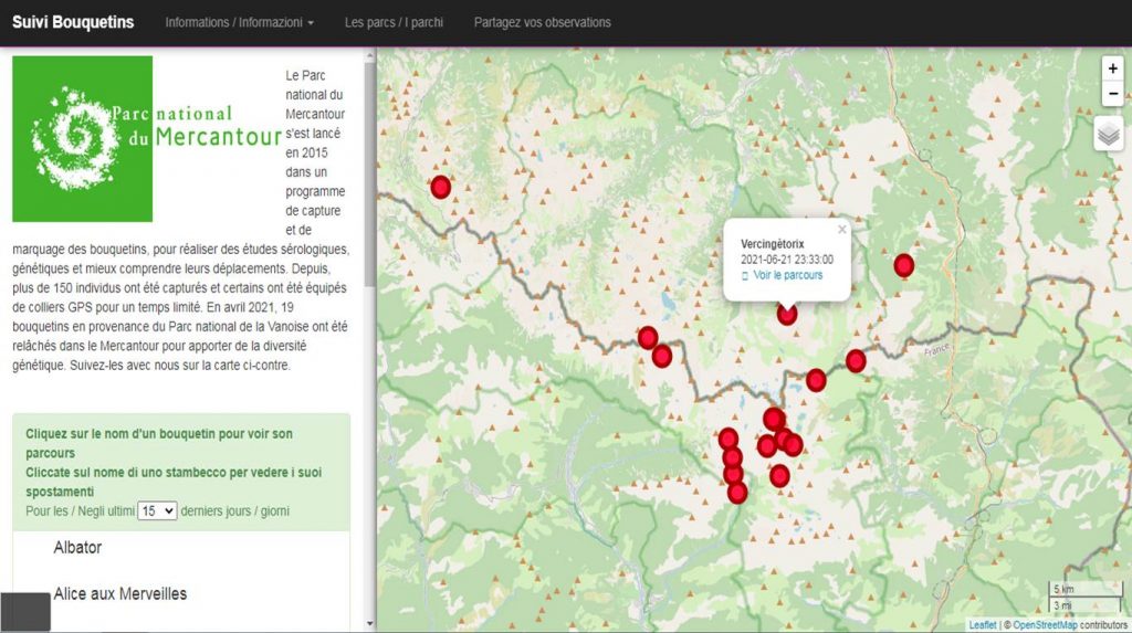 La mappa interattiva per seguire gli spostamenti degli stambecchi (www.bouquetin.mercantour-parcnational.fr)