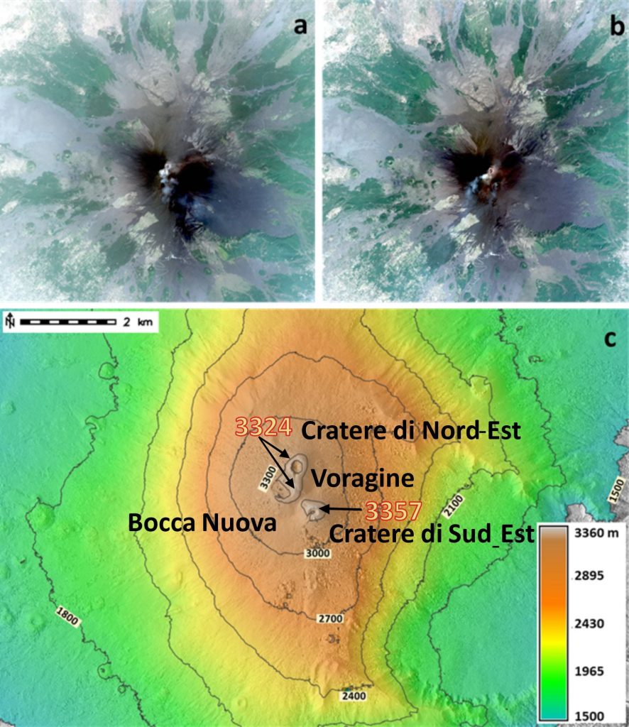 Due immagini dei satelliti Pléiades (a: 13 luglio 2021 e b: 25 luglio 2021) e modello digitale della superficie derivato dall
