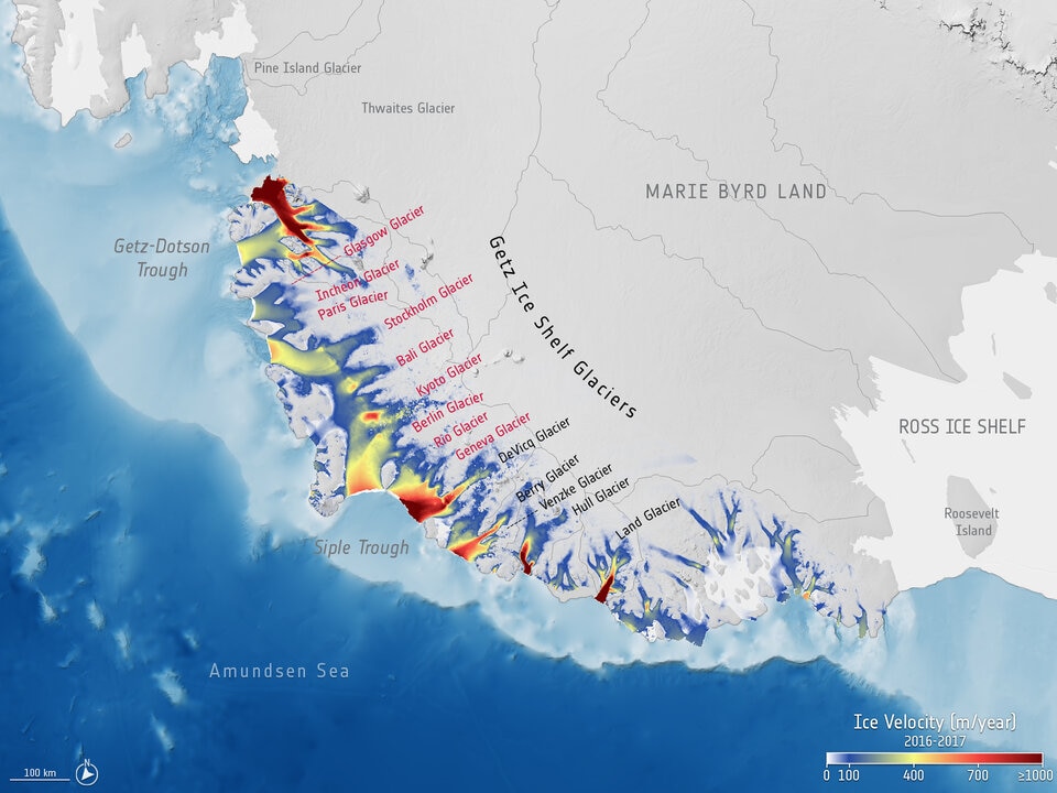 I 9 ghiacciai del Getz basin - Sito ESA
© University of Leeds/ESA/MEaSUREs version 1, 2016–17 (multimission data), NASA/REMA, PGC/IBCSO, GEBCO