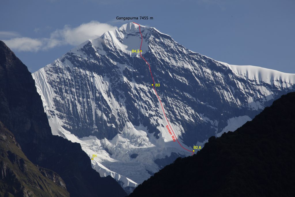 Gangapurna versante sud. In rosso la via coreana del 2016. Foto via AAJ