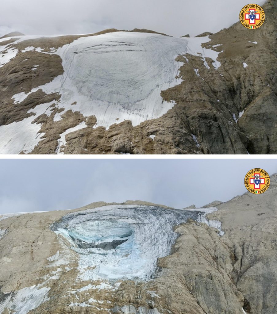 La combo mostra il ghiacciaio della Marmolada prima e dopo il crollo, Trento, 5 Luglio 2022. ANSA/SOCCORSO ALPINO E SPELEOLOGICO