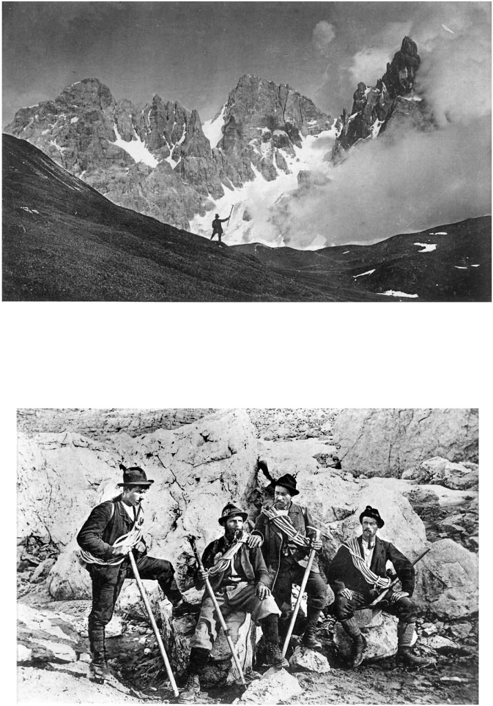 I fondatori (Zagonel, Bettega, Zecchini e Tavernaro) delle Aquile di San Martino. A sinistra, Renzo Corona sul Pilastro Camillo, alla Pala di San Martino.