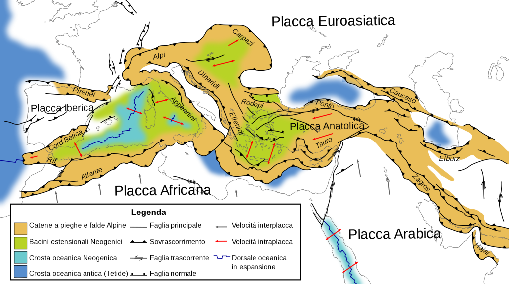 Mappa tettonica del Mediterraneo. Woudloper (map); Ciaurlec (translation), CC BY-SA 1.0, via Wikimedia Commons
