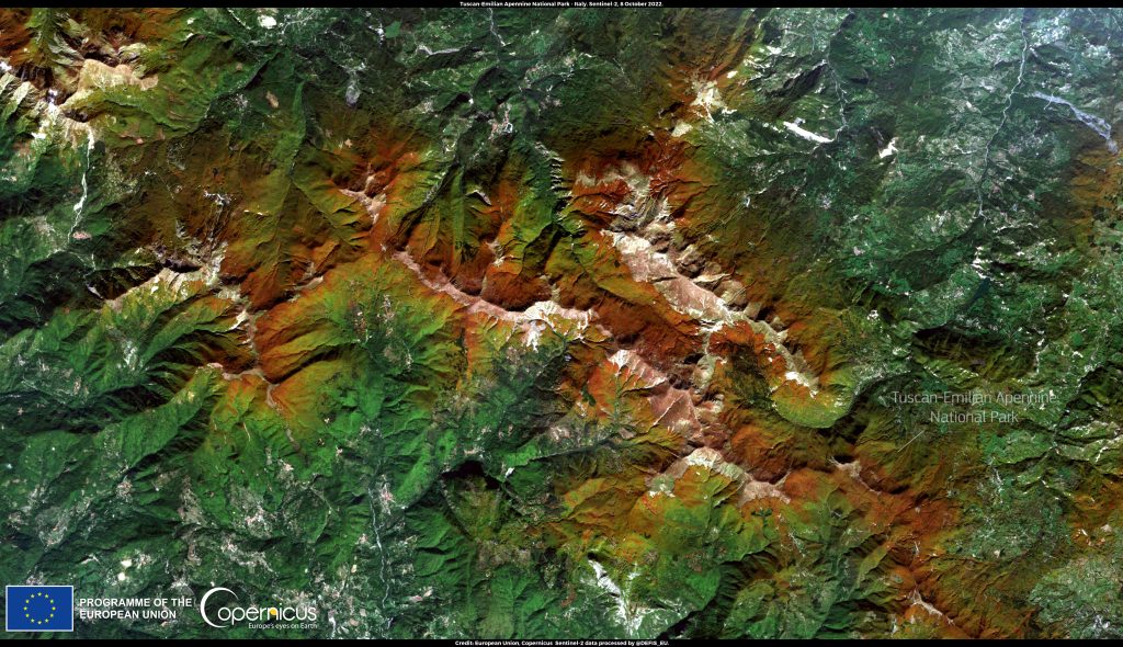 Foliage autunnale nell'Appennino tosco-emiliano - Credit: European Union, Copernicus Sentinel-2 imagery 