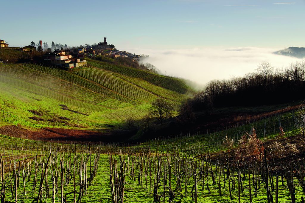 Cigognola. L’imponente torre quadrata del castello, edificato intorno al XIII secolo dal potente casato dei Sannazzaro e rimaneggiato all’inizio del XIX secolo, domina dall’alto di un colle la Valle Scuropasso, dove la coltivazione della vite definisce la geografia del paesaggio. Foto Samuele Gallini/Adobe Stock
