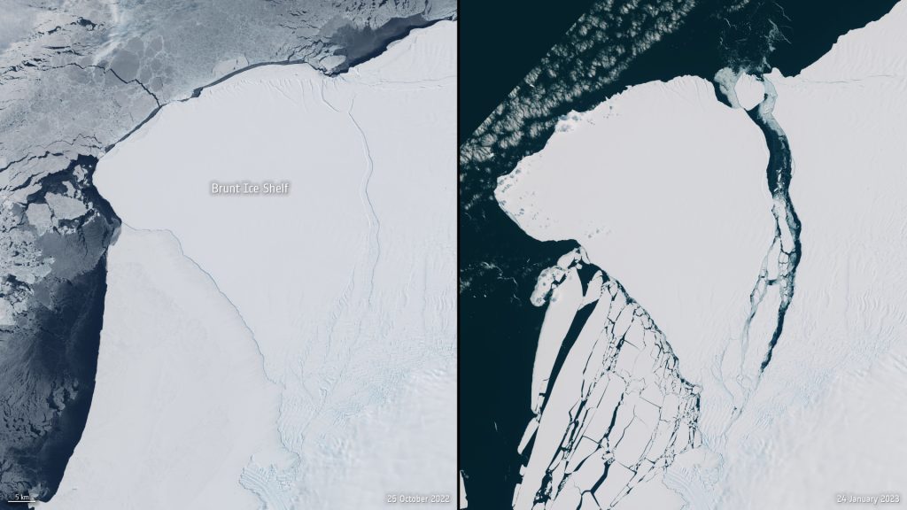 Brunt Ice Shelf, prima e dopo il distacco ©contains modified Copernicus Sentinel data (2022-23), processed by ESA, CC BY-SA 3.0 IGO