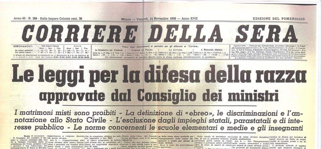Titolo della prima pagina del Corriere della Sera dell