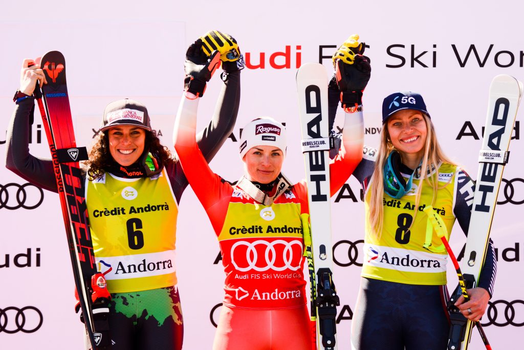 Il podio del Super G femminile alla Coppa del Mondo, 16 Marzo 2023. Da sinistra: Federica Brignone, Lara Gut-Behrami e Ragnhild Mowinckel. Foto © Christopher Levy/ZUMA Press Wire