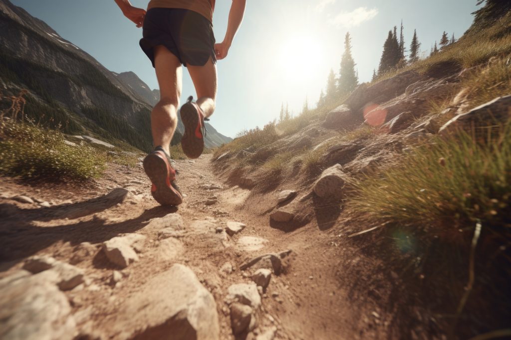 Trail running in mountains. Male trail runner athlete training outdoors. Created with Generative AI