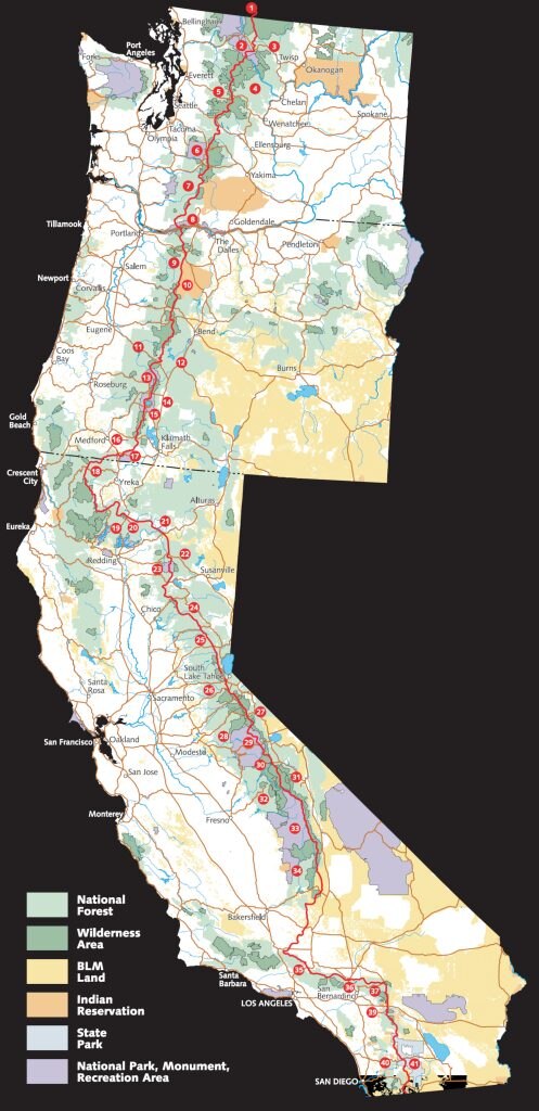 Percorso del Pacific Crest Trail. Mappa USFS e EncMstr