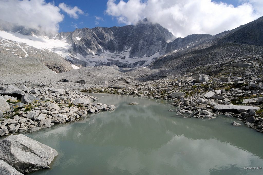 La cima dell'Adamello, con l'acqua di fusione. Foto di Cesare Re