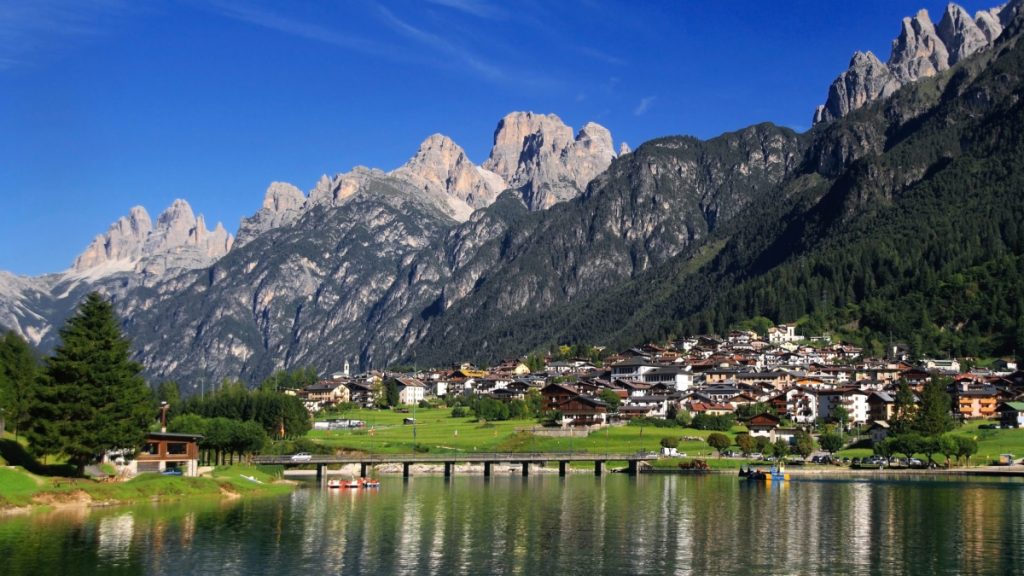 Auronzo di Cadore and its lake in the province of Belluno Veneto, Italy