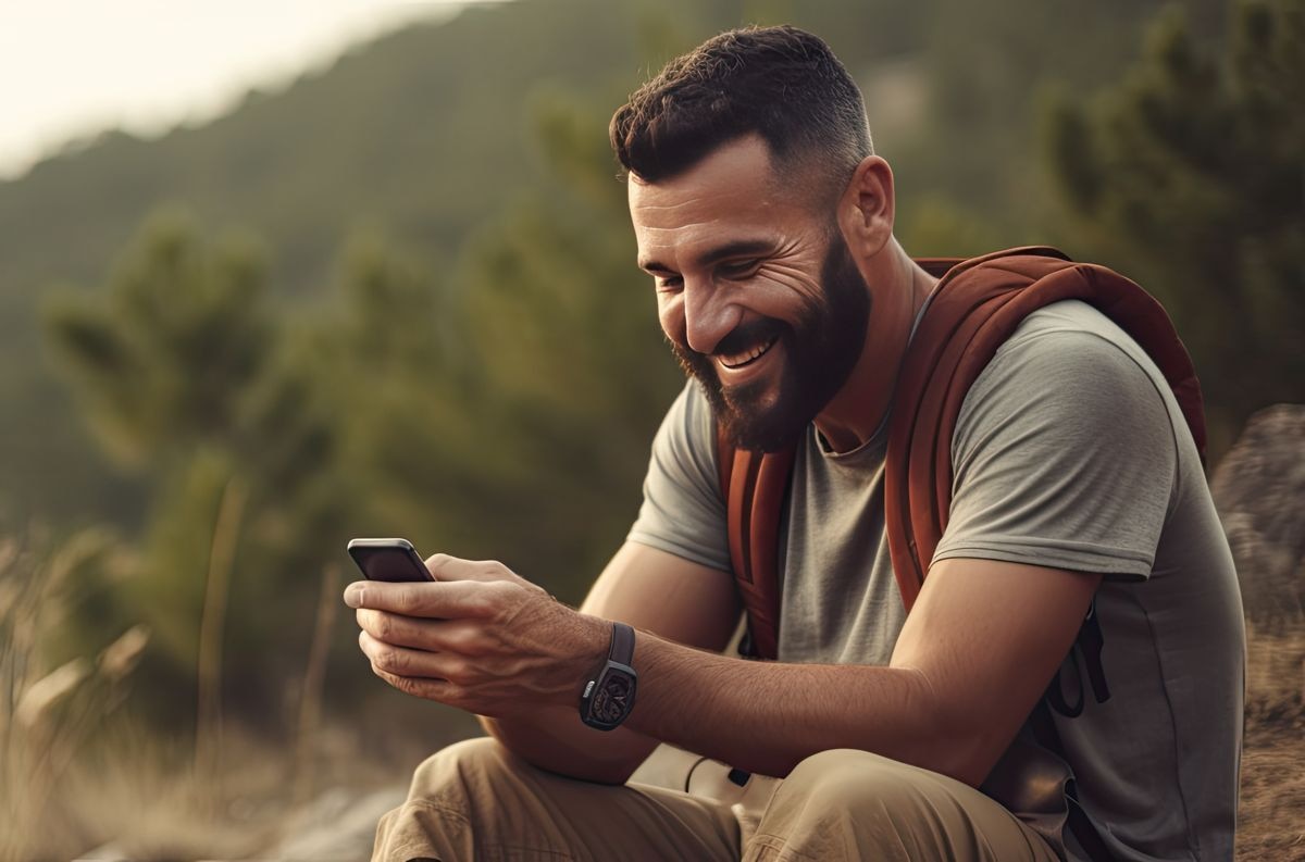 Content hiker utilizing cell phone amidst nature credit AdobeStock