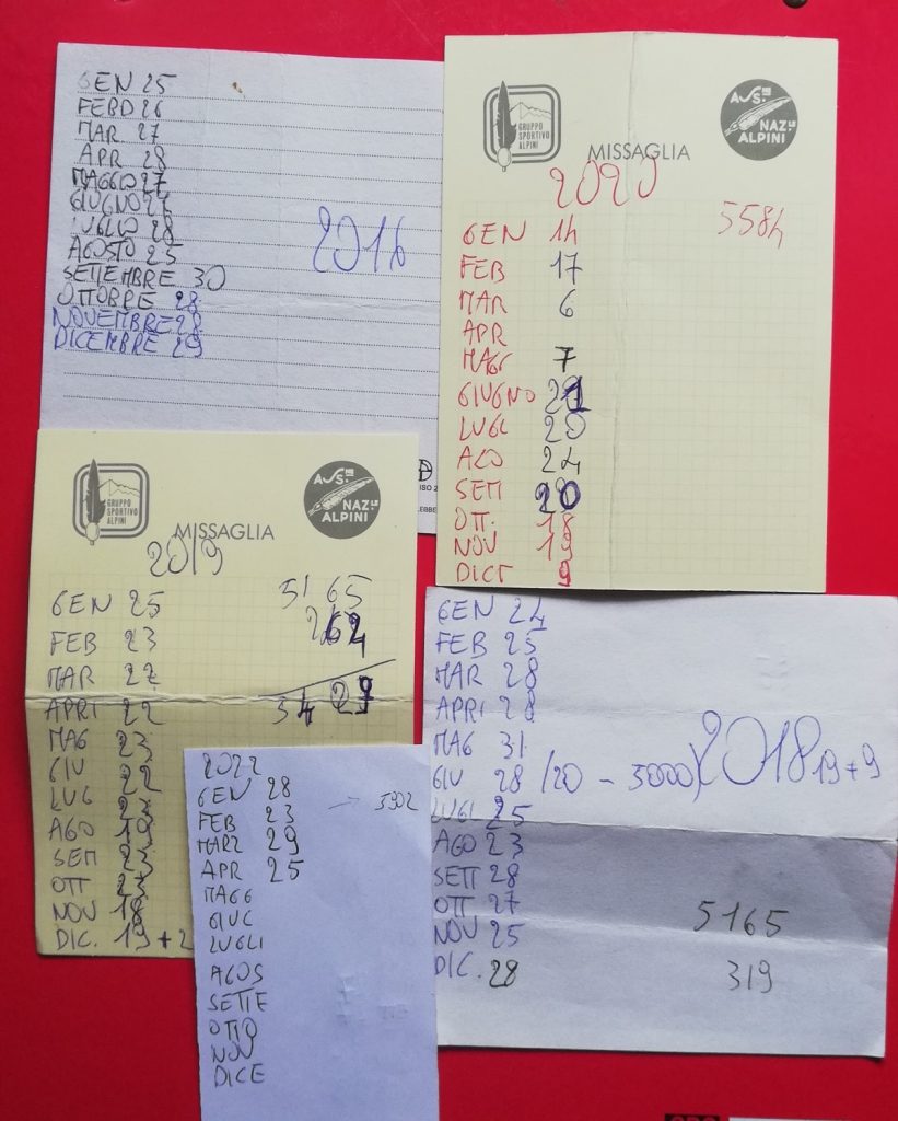 I bigliettini redatti da Ghezzi i con annotate le salite