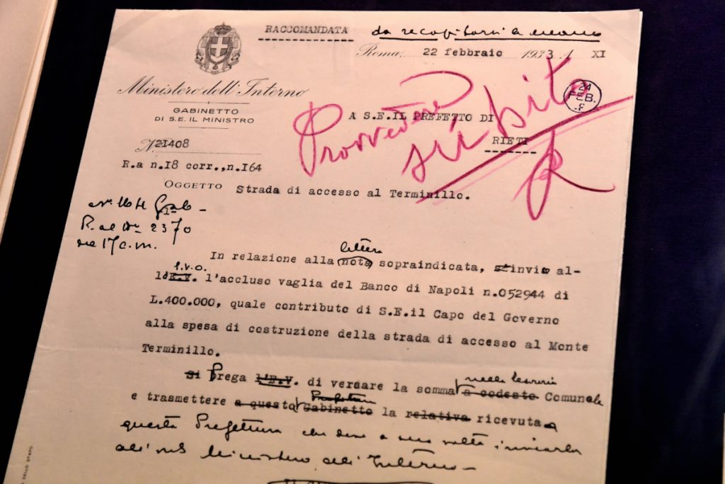 Lettera del febbraio 1933 che invita le autorità di Rieti a realizzare rapidamente la strada